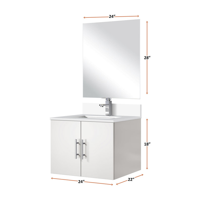 Meuble-lavabo blanc lustré 61 cm x 56 cm, comptoir et miroir en marbre, robinetterie incluse, résistant aux égratignures et aux taches.