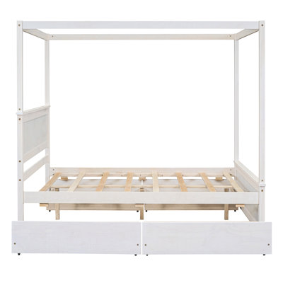 Lit à baldaquin en bois massif - Fabrication de qualité pour un usage à long terme avec rangement blanc brossé pour maximiser l'espace et le style