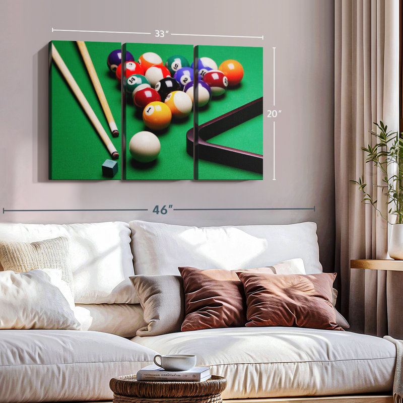 «Game Of Billiards», 3 pièces sur toile, H 20 po x l 33 po x P 1,25 po