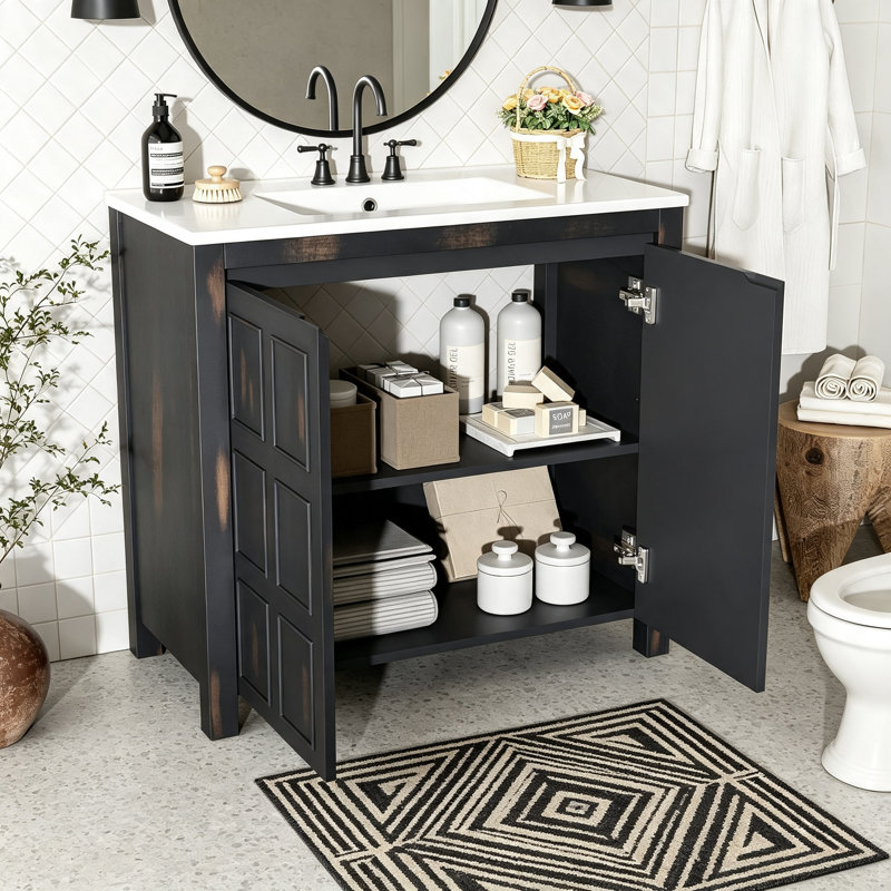 Organisateur de meuble-lavabo de salle de bain espresso rétro avec lavabo en céramique, rangement spacieux et savoir-faire artisanal pour un charme intemporel