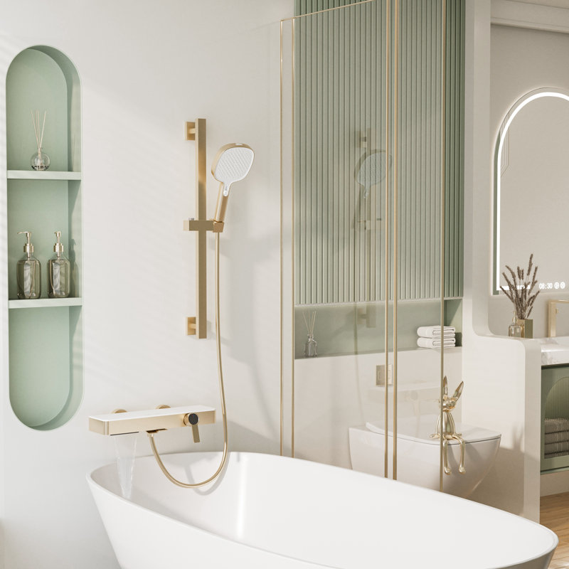 2-Function Button Bathtub Faucet Set With Handheld Sprayer, Brushed Gold