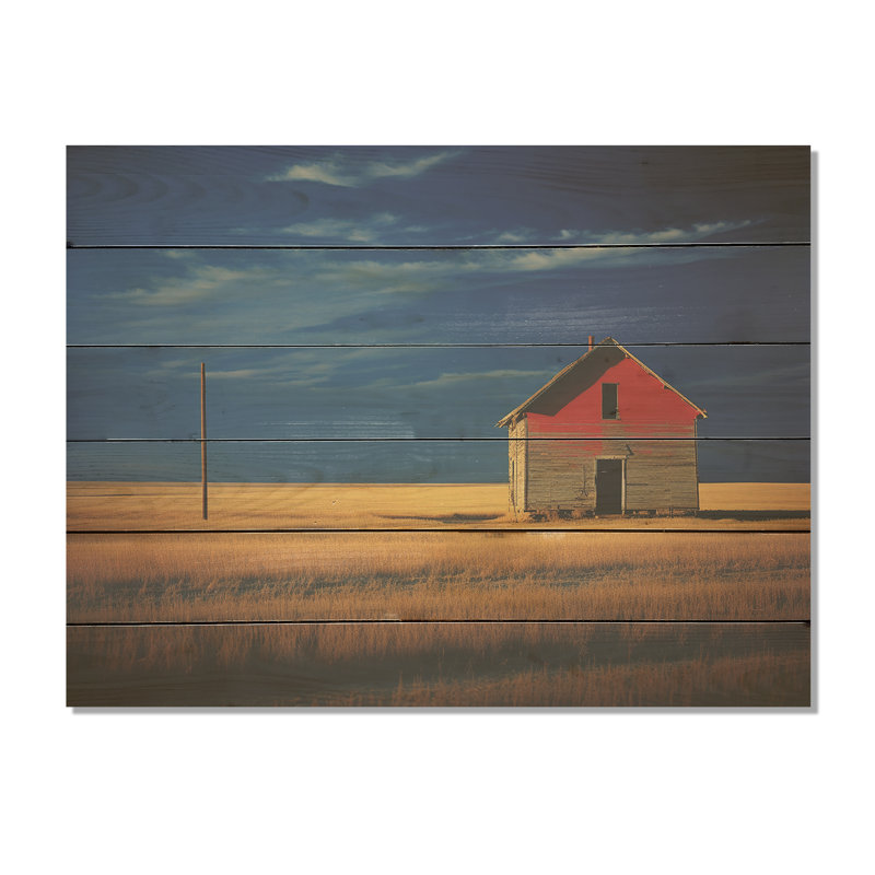 Minimalism Yellow And Blue Barn Country Side - Barn Wood Wall Art On Natural Pine Wood, 10" H x 20" W
