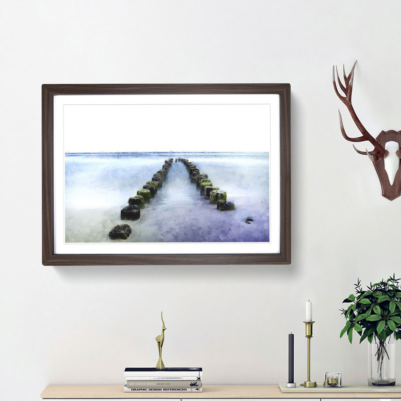Breakwater In The Baltic Sea Painting - Single Picture Frame Print on MDF, 62cm H x 87cm W x 2cm D, Black
