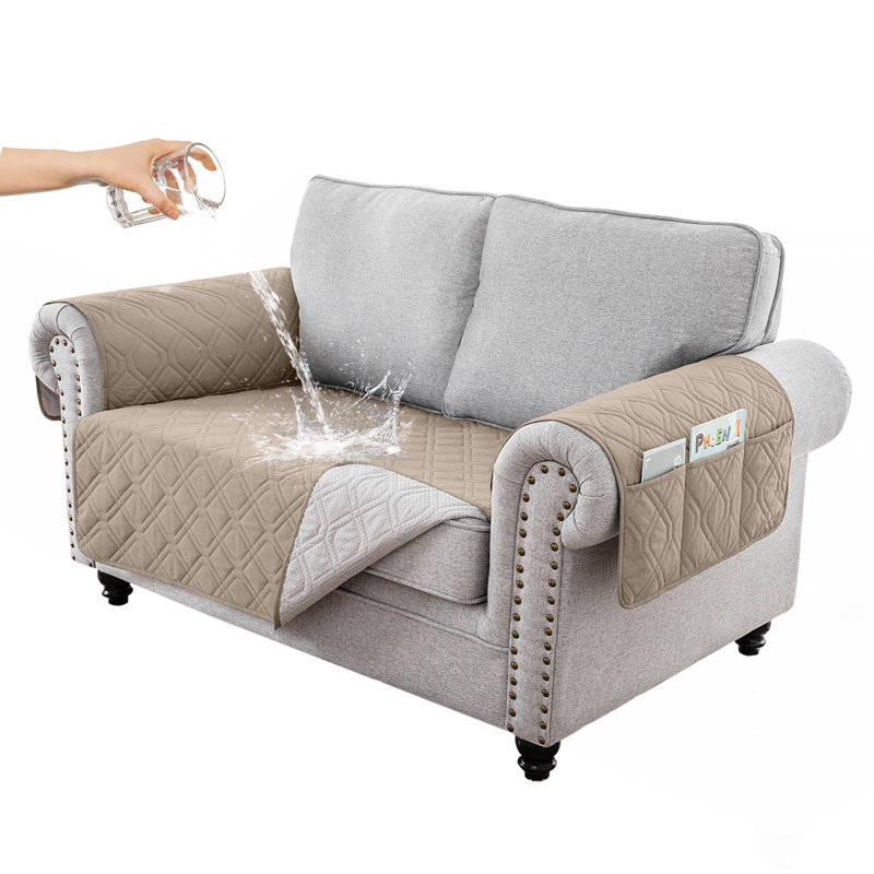 Housse pour canapé 2 places avec accoudoirs matelassés et imperméable avec poche latérale, Mélange de polyester kaki