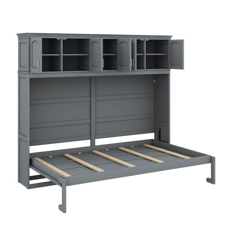 Lit escamotable A / Murphy avec armoires supérieures, gris, Double