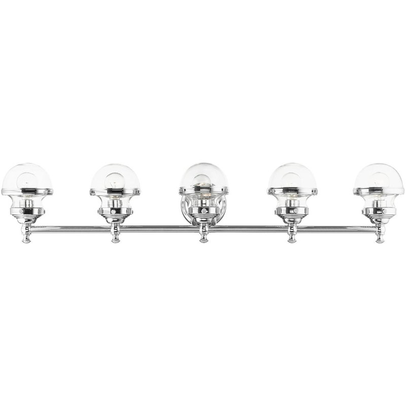 Superbe luminaire de meuble-lavabo de 42 po avec abat-jour en verre soufflé à la main - 5 lumières., Transparent, Chrome poli