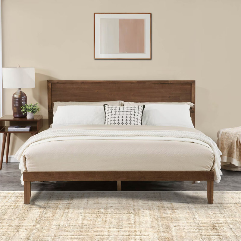 Minimalist Solid Wood Platform Bed with Tall Headboard, Sturdy Construction, King