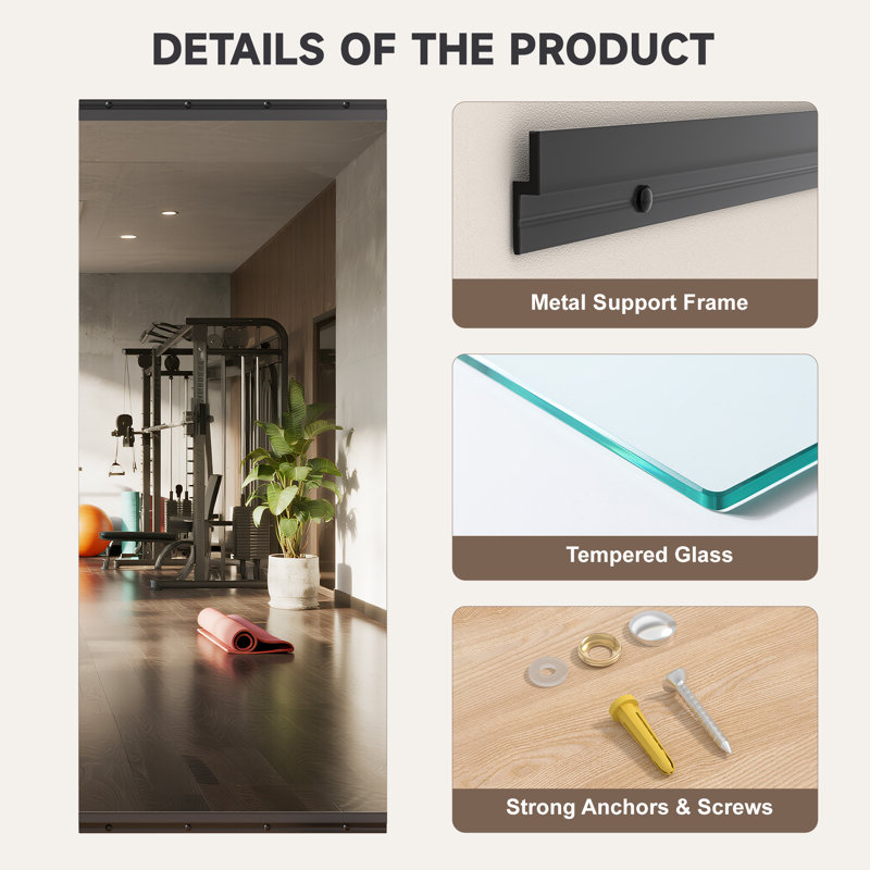 Ebern Designs Rectangle Full Length Metal Wall Mirror Set Home Gym Mirror with Tempered Glasses, 55" × 17", Black