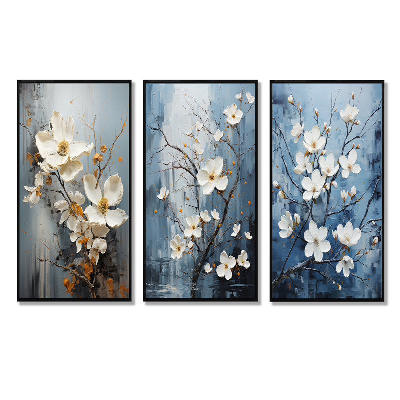 Ensemble de 4 décorations murales grises et bleues, H 28 po x l 36 po, Cadre flottant noir