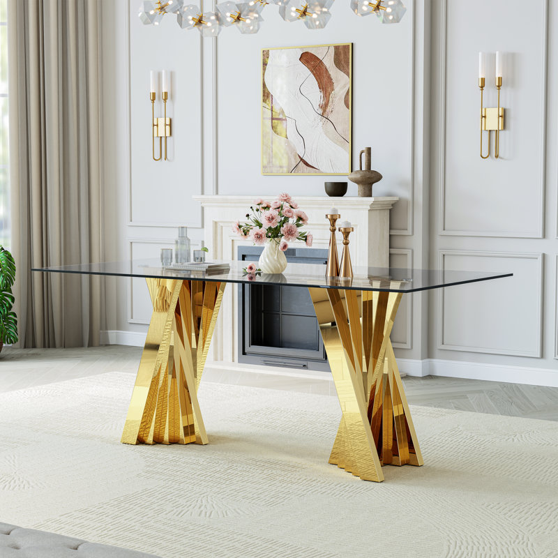 70.08" Glass Top Metal Base Dining Table, Gold