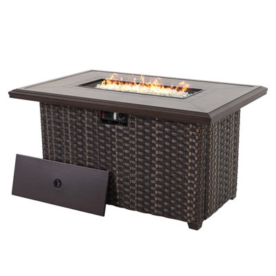 Outdoor Rectangular Rattan Propane Gas Fire Pit Table With Lid
