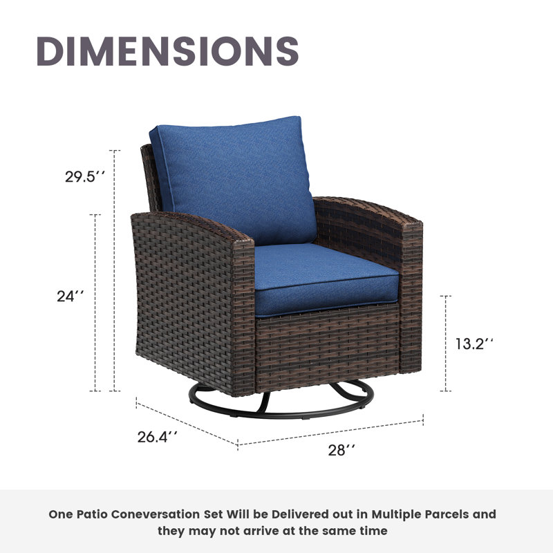 Swivel Patio Wicker Lounge Chairs with Cushions, Brown, Slate Blue