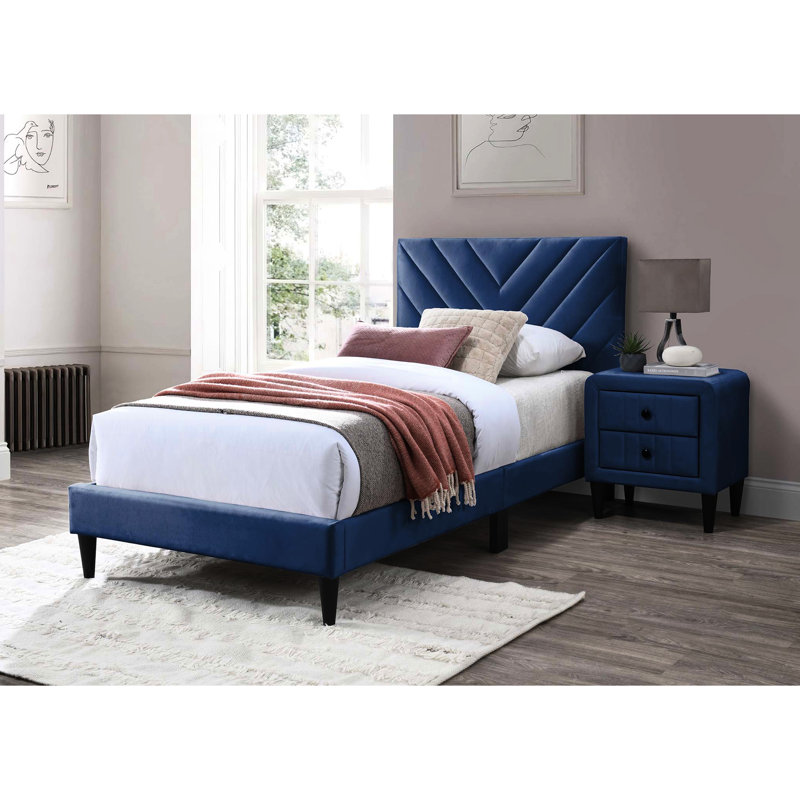 Twin Bed In Velvet With Adjustable Headboard - 12 Support For A Restful Night Navy Blue Frame Enhanced Comfort, Navy Blue