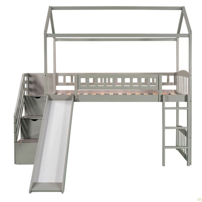 Lit mezzanine simple avec deux tiroirs et glissade, lit maison avec glissade