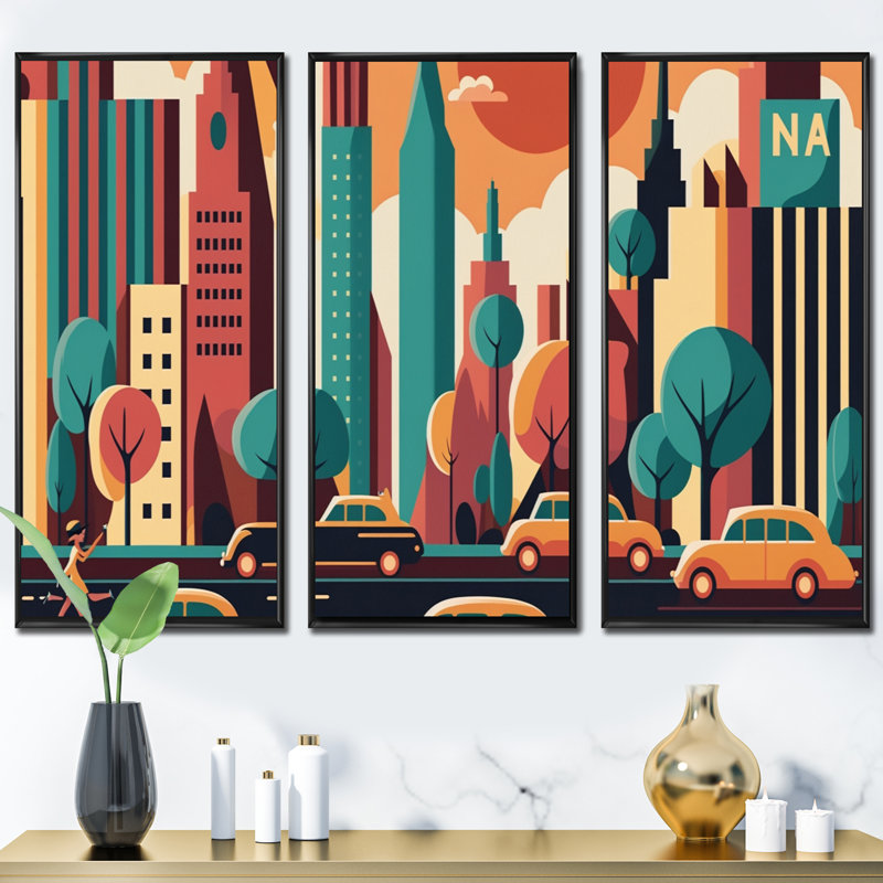 «Colorful Cityscape III», reproduction sur toile 3 pièces, H 32 po x l 48 po x P 1 po, Cadre noir