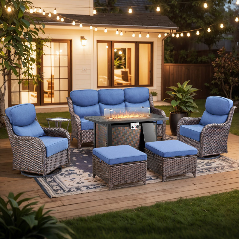 Polygala 7-Piece All-Weather Wicker Patio Rectangle Metal Fire Pit Table Conversation Set With Swivel Gliders, Sofa, Side Table And Ottomans