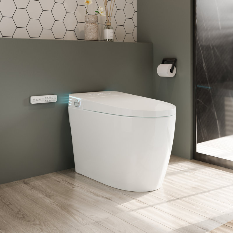 Tankless Smart Toilet With Built In Bidet, One-Piece Bidet Toilet Auto Flush With Auto Open/Close Heated Seat, Warm Water And Dry, Adjustable Temp, Remote Control Side Know