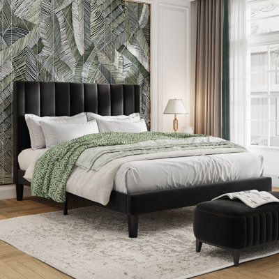 Cleo Modern Velvet Upholstered Platform Bed with Headboard, No Box Spring Needed