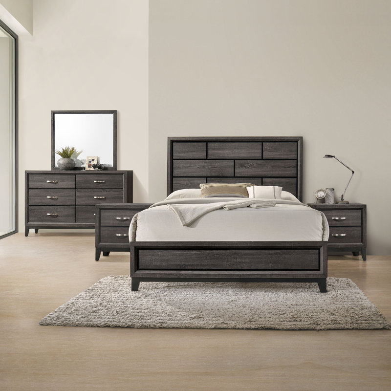 Ferris Beeson 5-Piece Bedroom Set, Grand lit, Noir/gris, Trois pièces : lit et deux tables de chevet