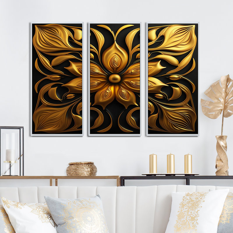 Glamourous Lily On Black V - 3 pièces sur toile, H 28 po x l 36 po x P 1 po, Toile avec cadre blanc