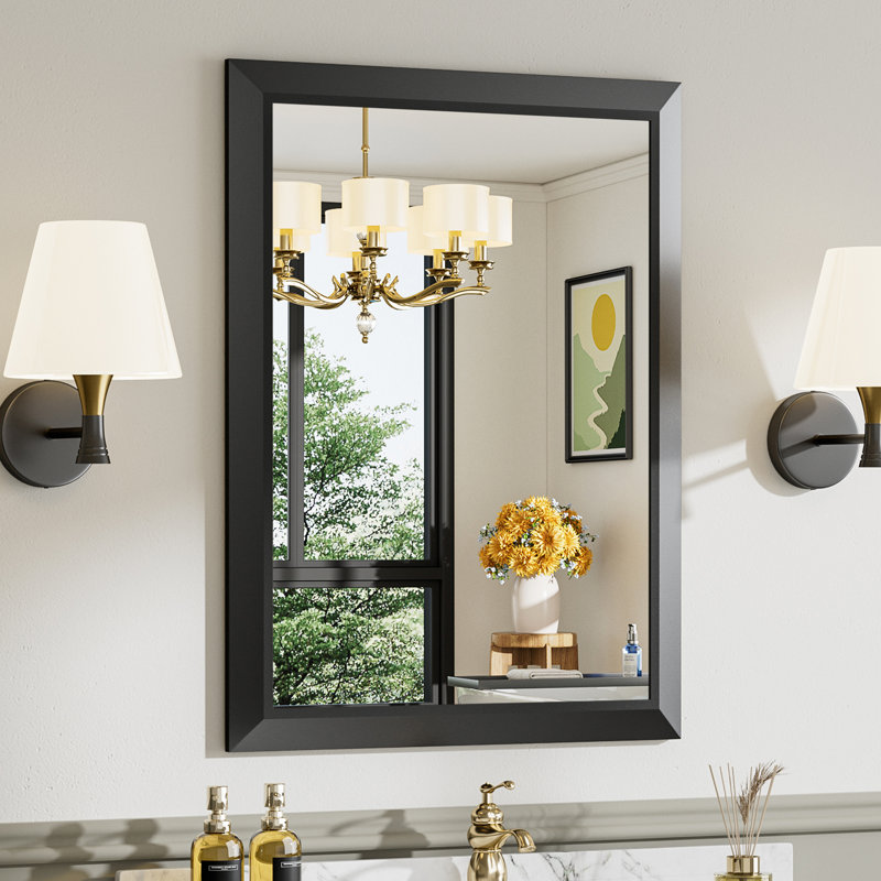 Miroirs de salle de bain modernes et contemporains en métal biseauté rectangulaire / carré avec verre trempé HD, Noir mat