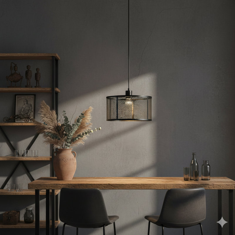Un luminaire suspendu avec un abat-jour fabriqué en matériau métallique maillé.