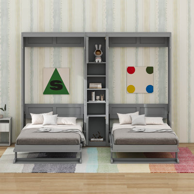 Dual Twin Murphy Beds With Storage Shelves And Cabinets, Pine Wood Space-Saving Hideaway Double Murphy Wall Beds With Storage