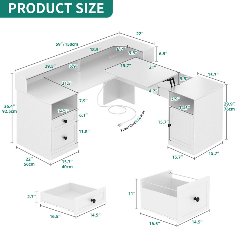 Heizler Height Adjustable L-Shape Executive Desk, White