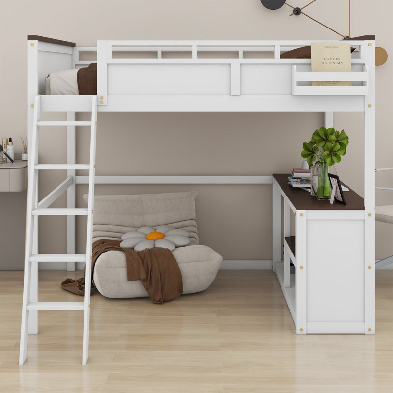 Lit mezzanine avec bureau, tablette ouverte et boîte de rangement, station de charge USB