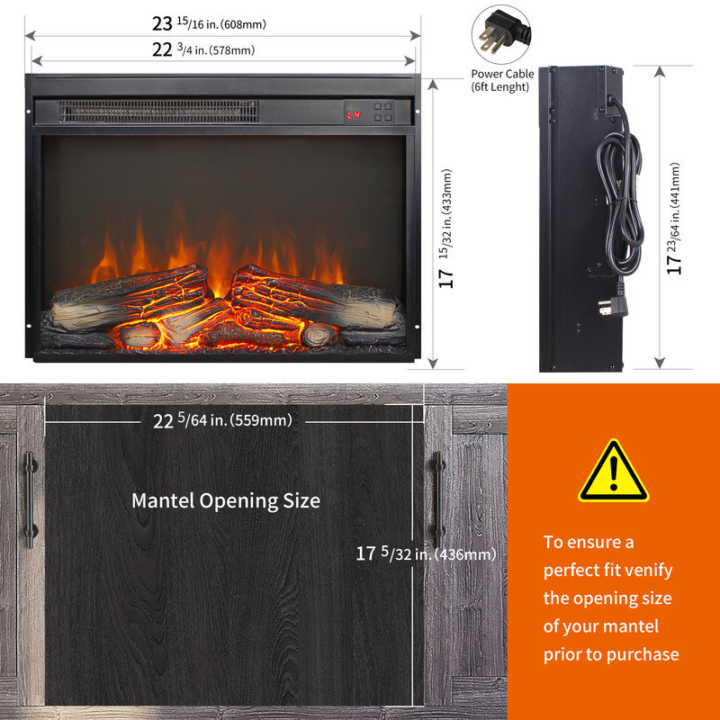  23" Electric Fireplace, Adjustable 4 Flame Brightness, Fireplace Insert with Remote, Digital Display, 8H Timer, Overheating Protection, 1400W
