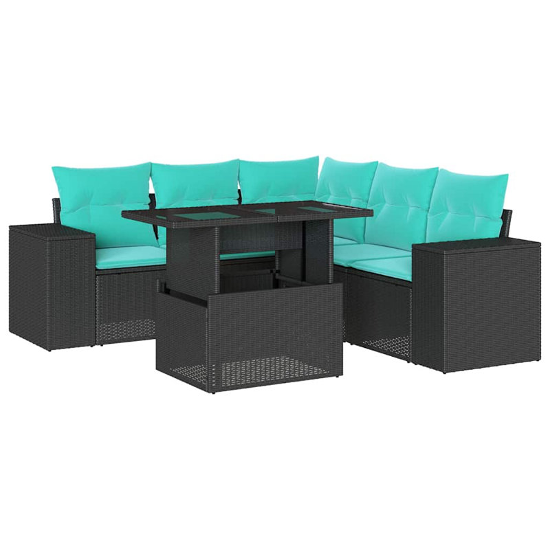 Ensemble de canapé de patio 6 pièces avec coussins en rotin de polyester, Bleu clair, Noir