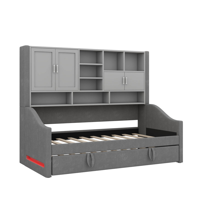 Twin Size Upholstered Daybed Featuring LED Armrest Lights, Built-In Storage Shelves & Cabinets, Gray