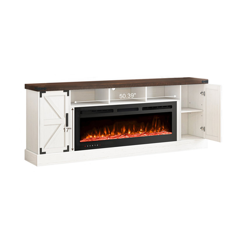 77" Farmhouse Tv Stand With 50" Electric Fireplace, Media Entertainment Center With Power Outlets For 65/75/85 Inch Tvs, Media Console With Storage Cabinet For Living Room
