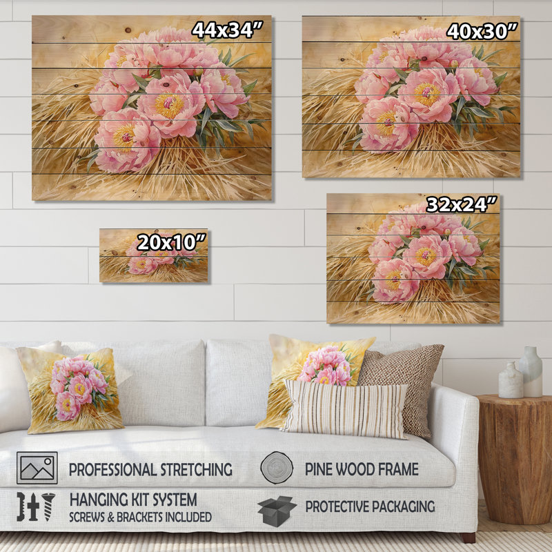Ferme, pivoines le long de la meule de foin II - art mural en bois pivoines - sur bois de pin naturel, H 24 po x l 32 po
