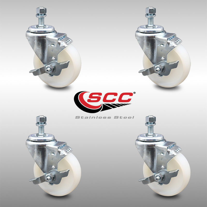 4 Inch SS Nylon Wheel Swivel 12mm Threaded Stem Caster Set Brake SCC