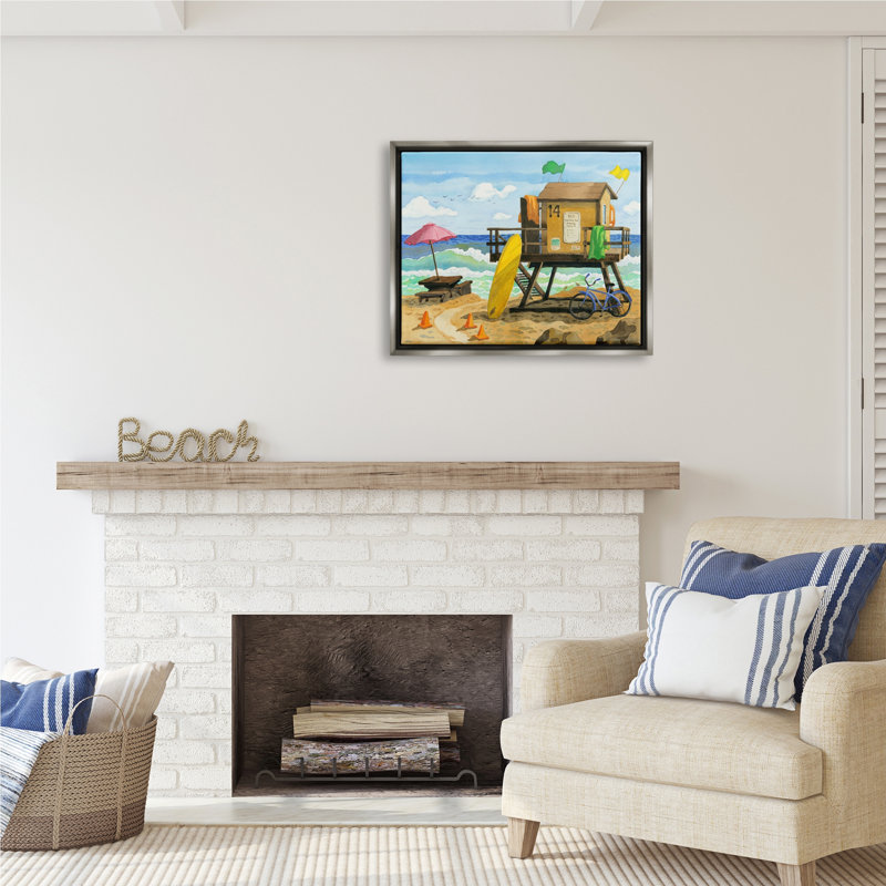 «Lifeguard Hut On Beach» encadré sur bois par Robin Altman, peinture, H 25 po x l 31 po x P 1,7 po