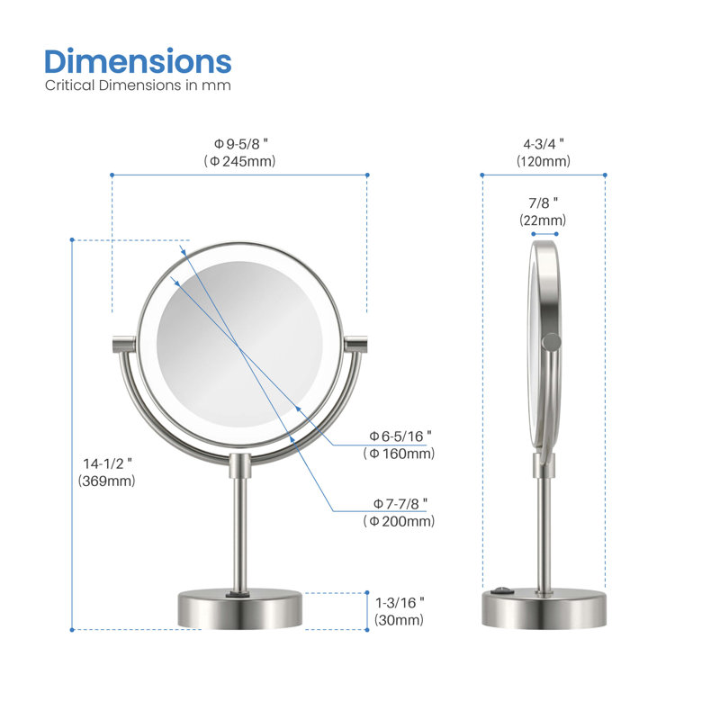 Miroir de maquillage circulaire autoportant, Nickel brossé