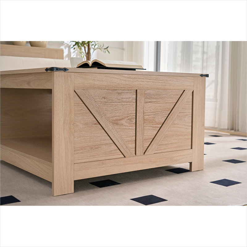 Table basse carrée de style campagnard avec rangement, bois manufacturé beige chaud, tablettes à double couche pour le salon