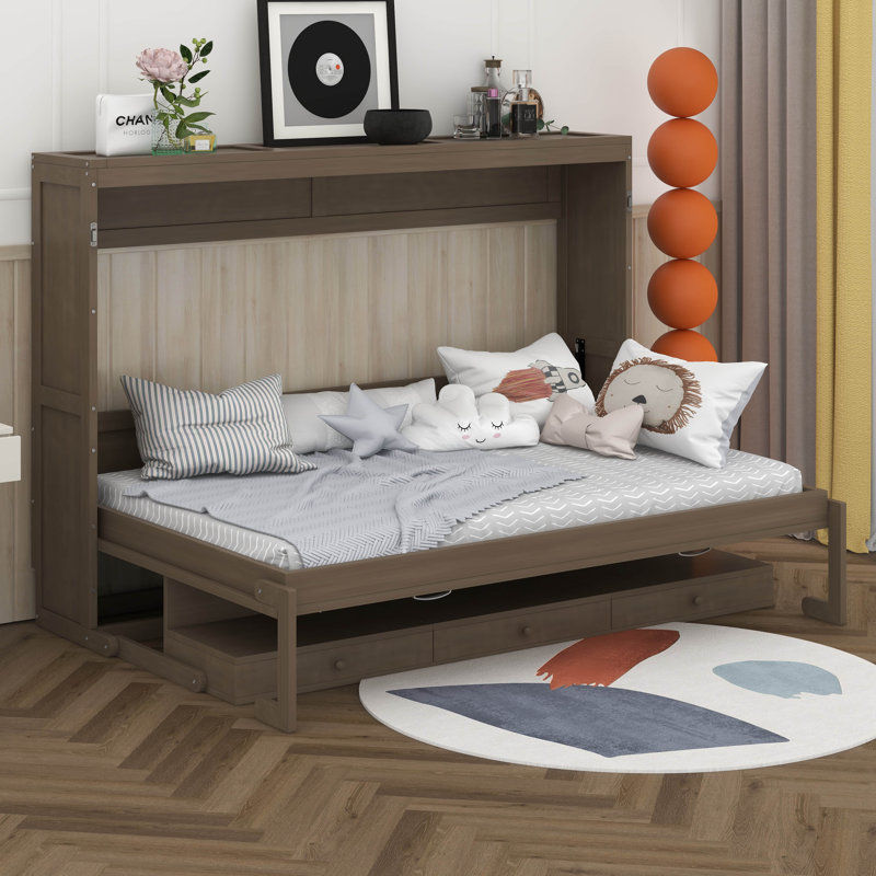 Grand lit escamotable mural avec rangement, lit armoire pliable avec bureau de coiffeuse, miroir central et 2 tiroirs latéraux