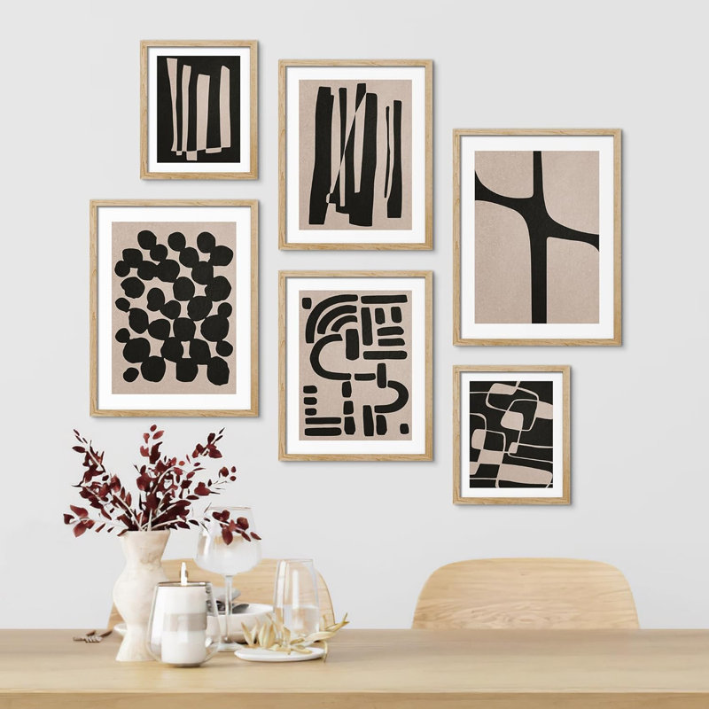 "Black & Tan", grunge, symbole de la variété, formes abstraites, art moderne encadré sur papier, impression de 6 pièces