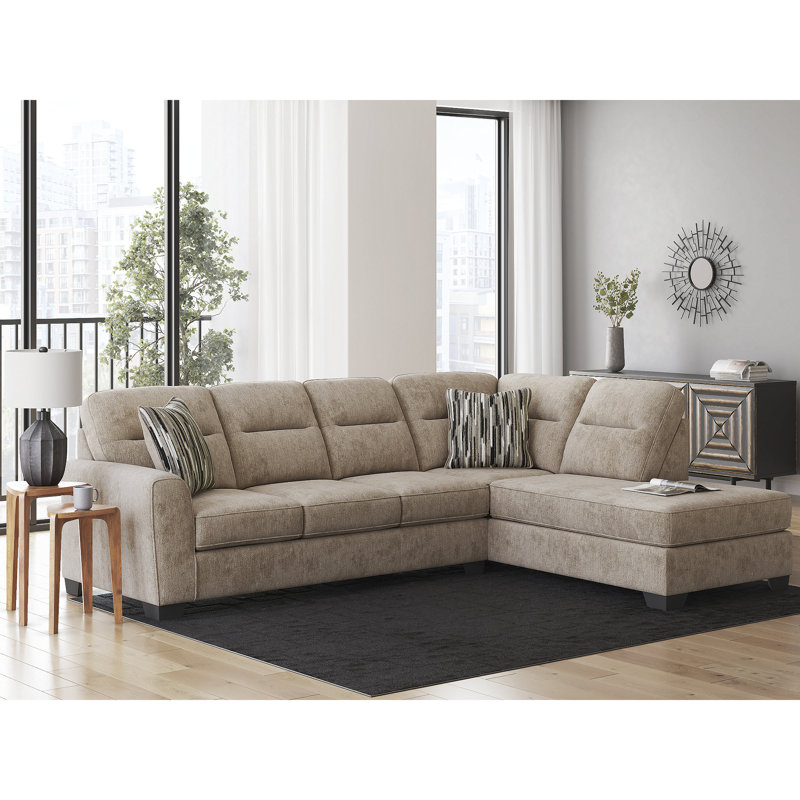 Canapé modulaire 2 pièces avec méridienne Massie, Polyester brun, Orienté à droite