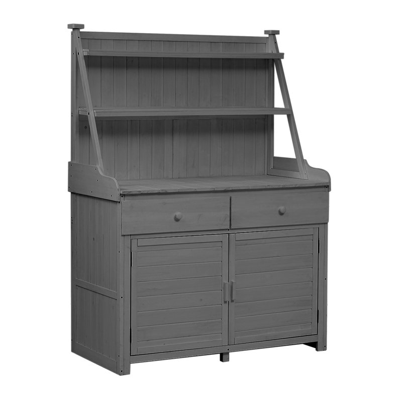 Table de jardin avec 2 tiroirs, 2 armoires et tablettes de rangement, Gris