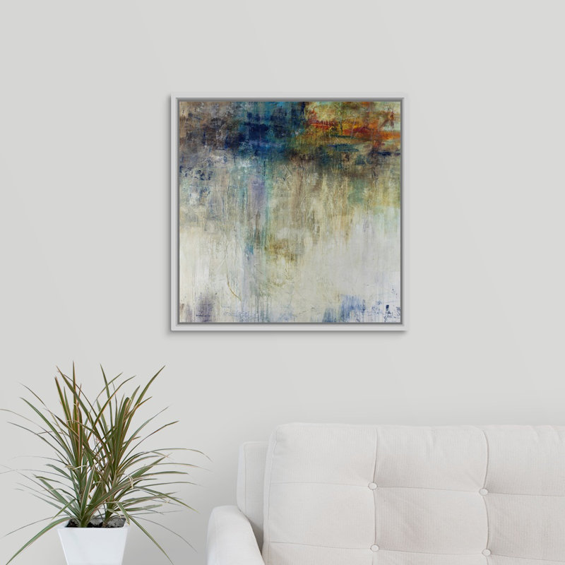 « crépuscule point », peinture sur toile, H 21,7 po x l 21,7 po x P 1,75 po, Cadre flottant blanc
