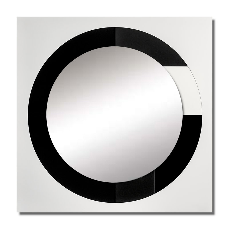 Bauhaus Black And White Circular Minimalism I - Modern Geometric Square Mirror Wall Art For Bathroom, 23" x 23"