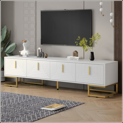 Modern Geometric TV Stand with Metal Legs & Gold Handles, Media Console with Cabinets & Adjustable Shelves for TVs Up to 80"