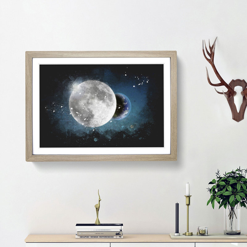 Earth Behind The Moon Paint Splash - Picture Frame Graphic Art, Oak Framed, 62cm H x 87cm W x 2cm D