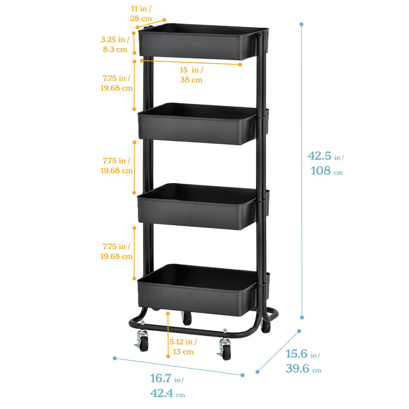 Black 4-Tier Metal Rolling Utility Cart with Mesh Baskets