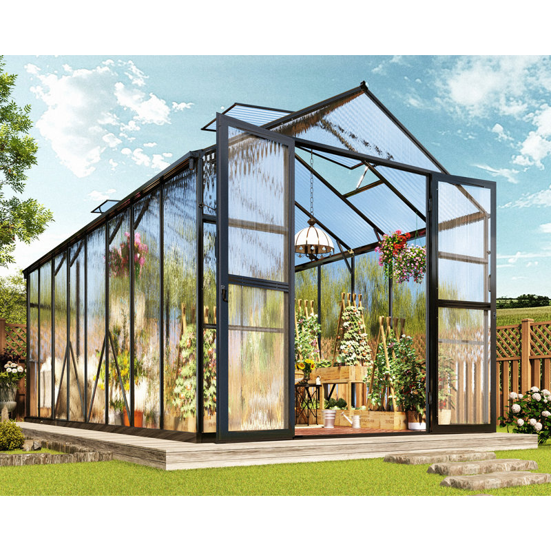 AMERLIFE Chalet Greenhouse 12x10x8 FT with Quick-Connect Fittings, Greenhouses for outdoors Garden Backyard with 2 Vents, Walk-in Aluminum Greenhouse with 2 Hinged Doors, Black