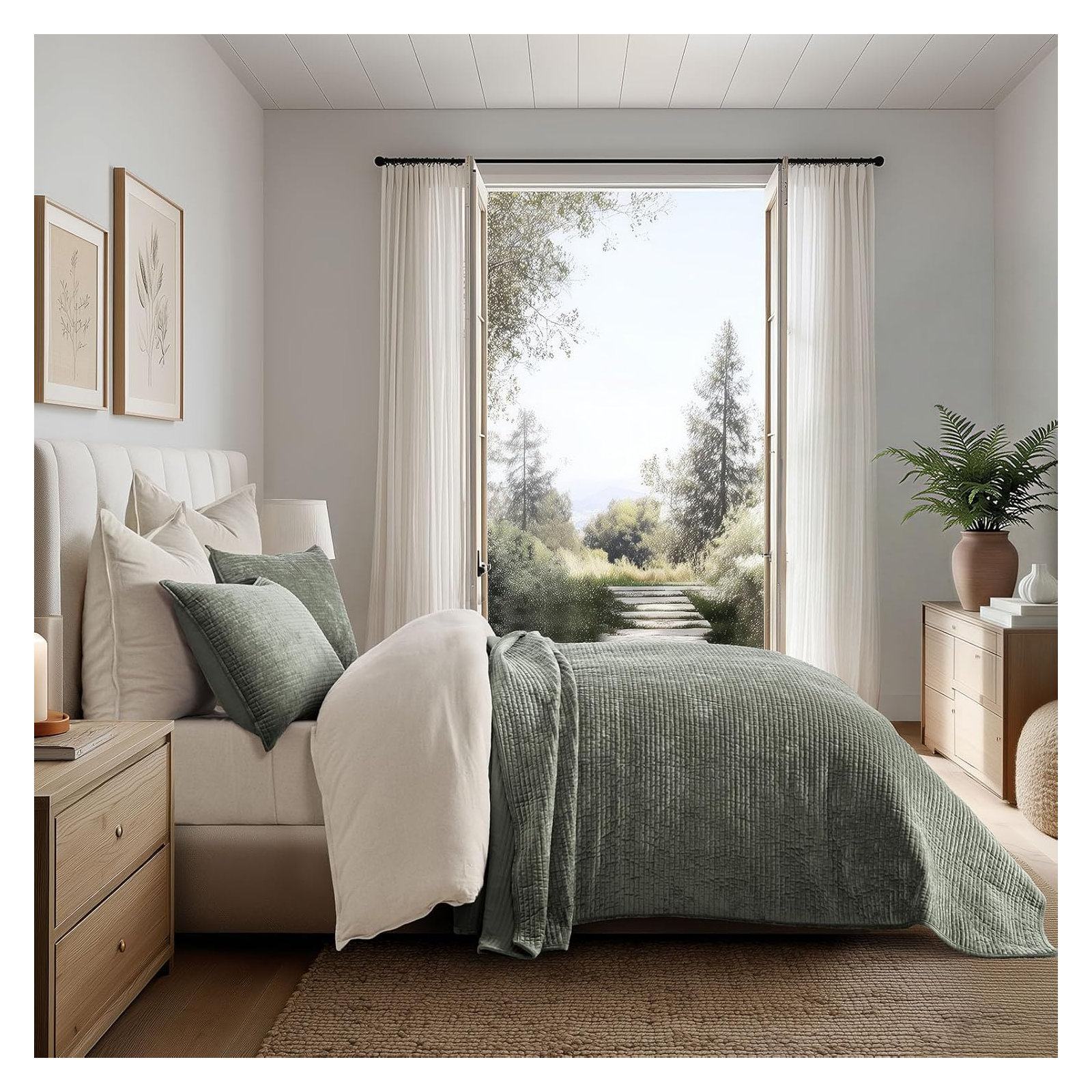 Striped Channel Velvet Quilt Set, Queen, Dried Thyme