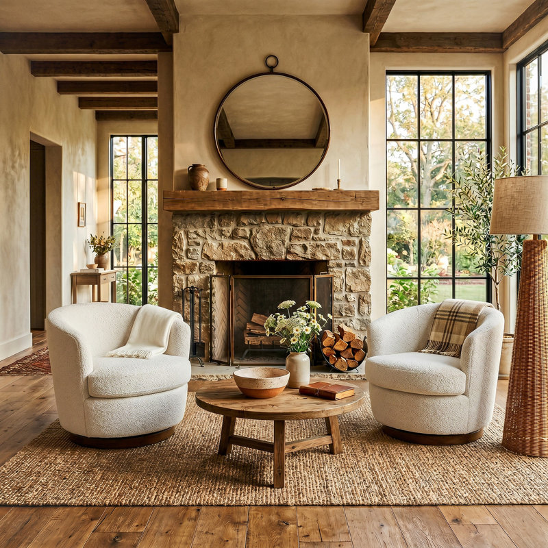 Boucle Swivel Barrel Accent Chair with Wood Base, Fully Assembled, Ivory